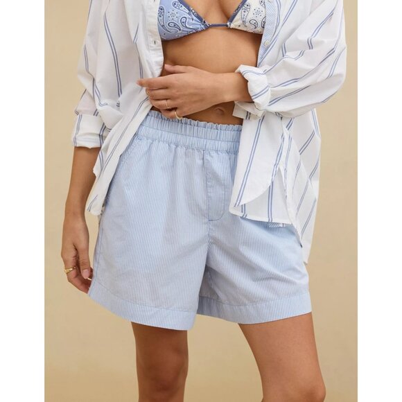 aerie Pants - Aerie Good Day Short Size Large Blue Striped Elastic Waist Cotton Pockets